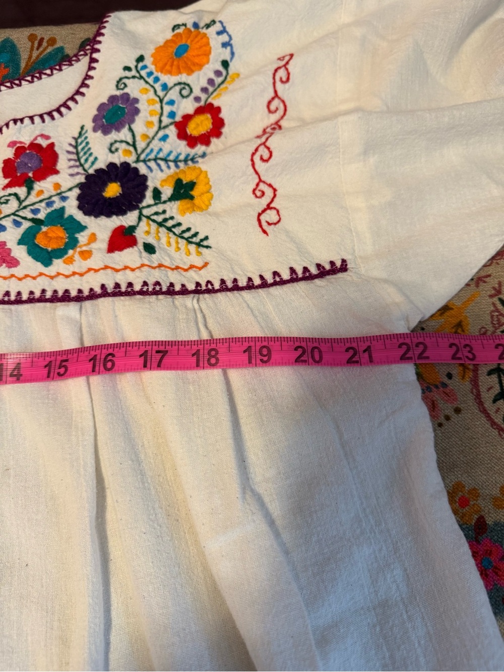 White Embroidered Women’s Peasant Top Mexican Hand Made Floral Yoke XL - Picture 9 of 15